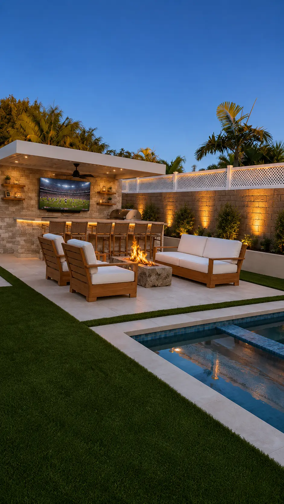 Covered Outdoor Kitchen Bar with TV, Fire Pit & Pool at Dusk by Moda Outdoor Living in Huntington Beach, CA — luxury outdoor living design and build