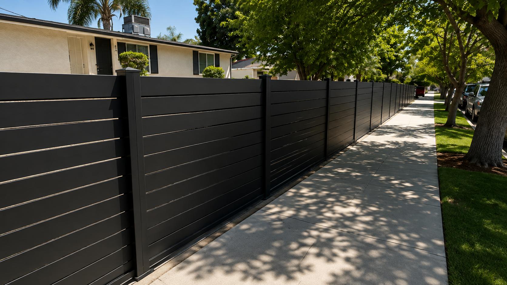 Modern horizontal slat fence and gate in Torrance