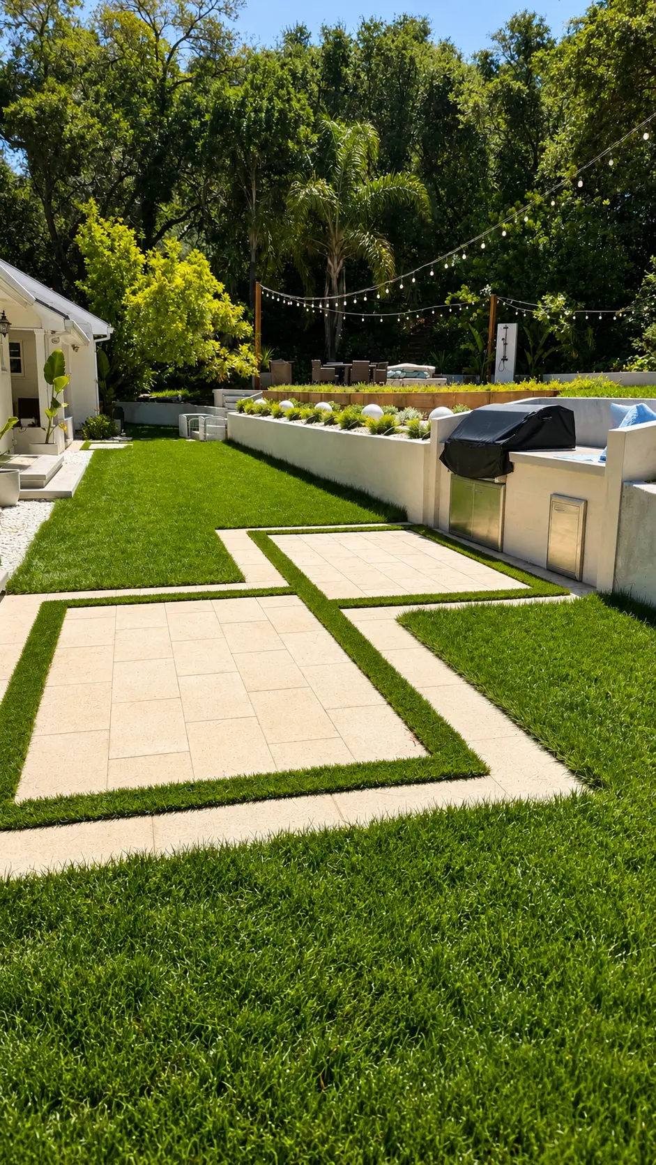 Porcelain Paver & Turf Grid Patio with Built-In BBQ Island by Moda Outdoor Living in Encino, CA — luxury outdoor living design and build