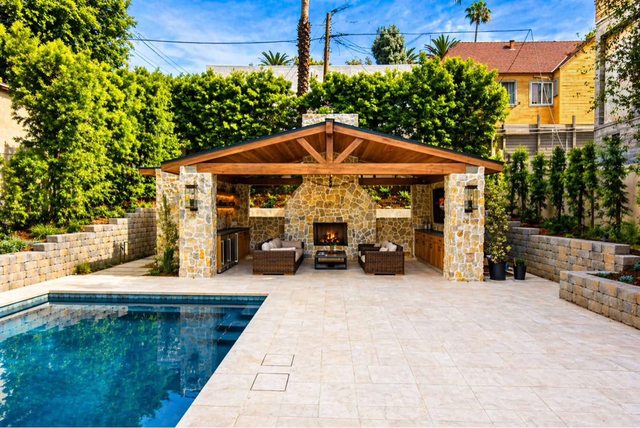 Covered patio and pool at dusk by Moda Outdoor Living in Silver Lake, CA — luxury outdoor living design and build