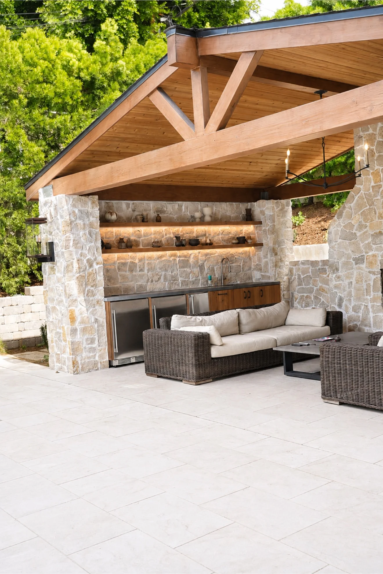 Pergola patio with string lights by Moda Outdoor Living in Silver Lake, CA — luxury outdoor living design and build