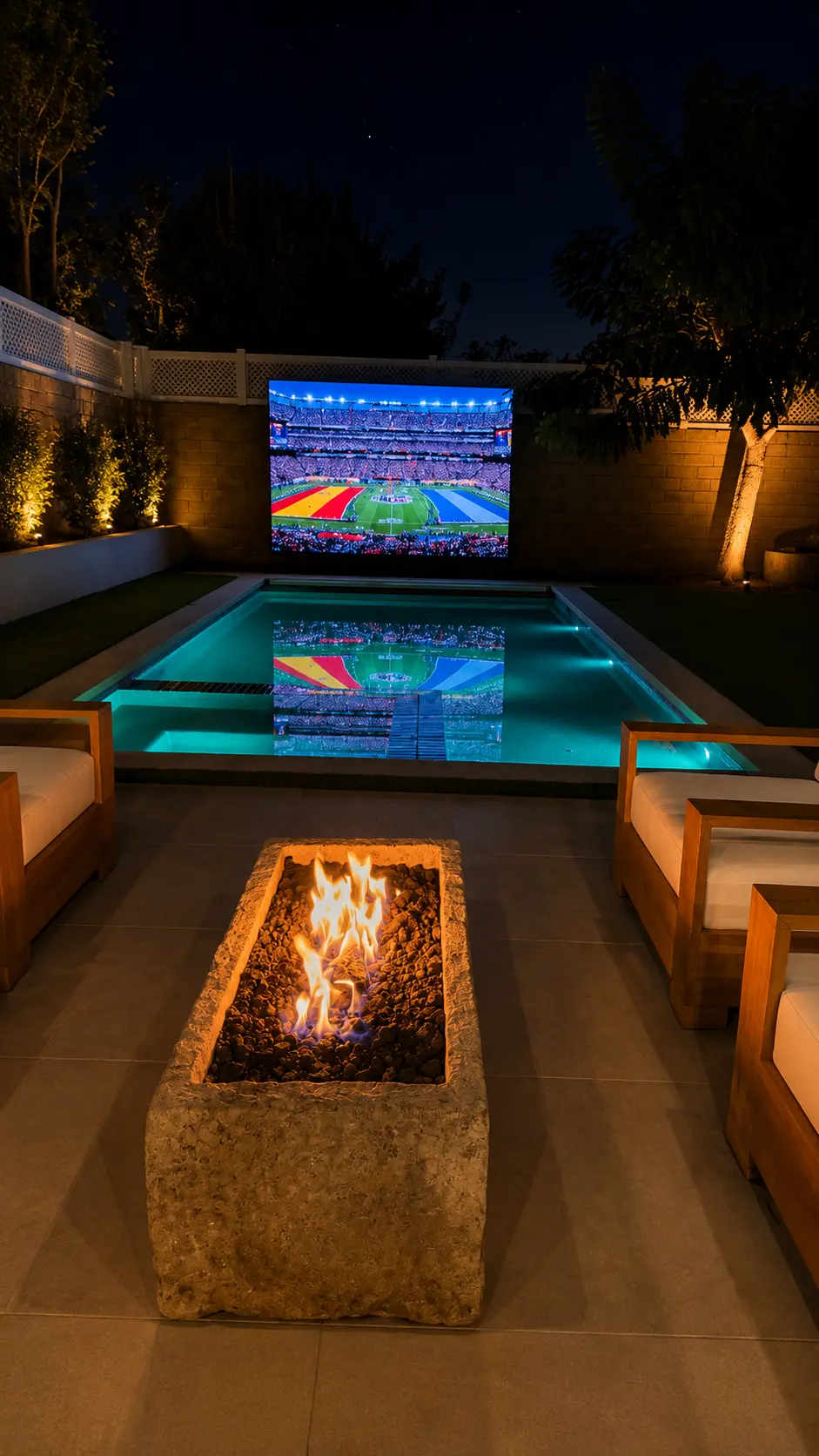 Backyard theater with poolside projector screen and fire trough in Huntington Beach