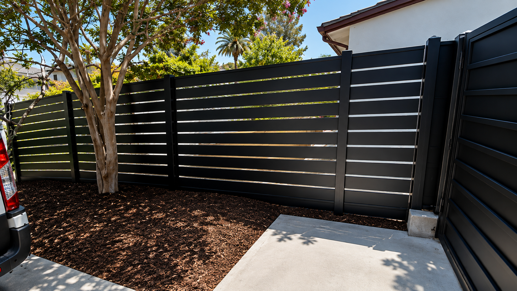 Modern horizontal slat fence and gate in Porter Ranch