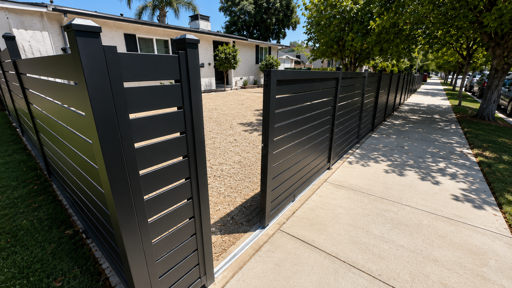 Modern horizontal slat fence and gate in Westlake Village