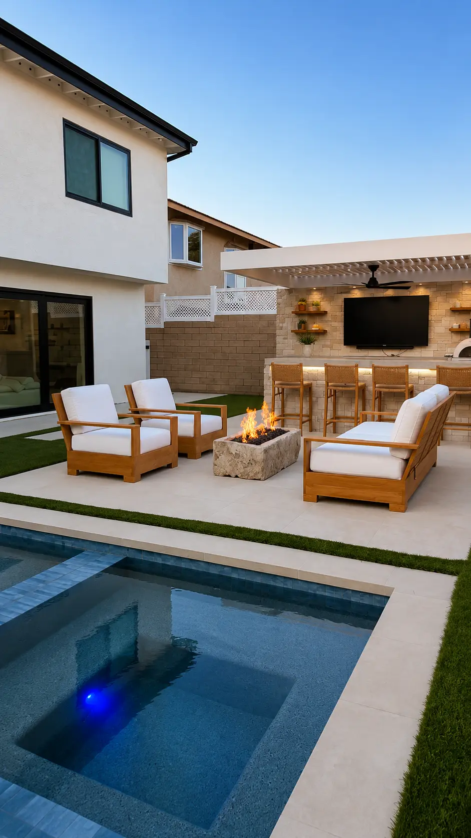 Pool, Fire Pit Lounge & Covered Kitchen Bar with Outdoor TV by Moda Outdoor Living in Huntington Beach, CA — luxury outdoor living design and build
