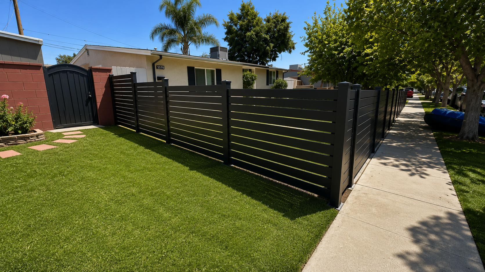 Modern horizontal slat fence and gate in Tarzana