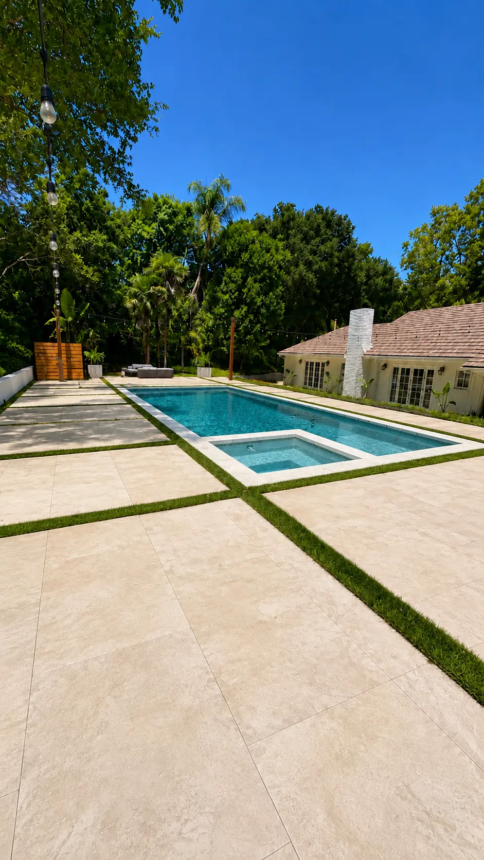 Travertine Pool Deck with Pool, Spa & Turf Inlay Bands by Moda Outdoor Living in Encino, CA — luxury outdoor living design and build