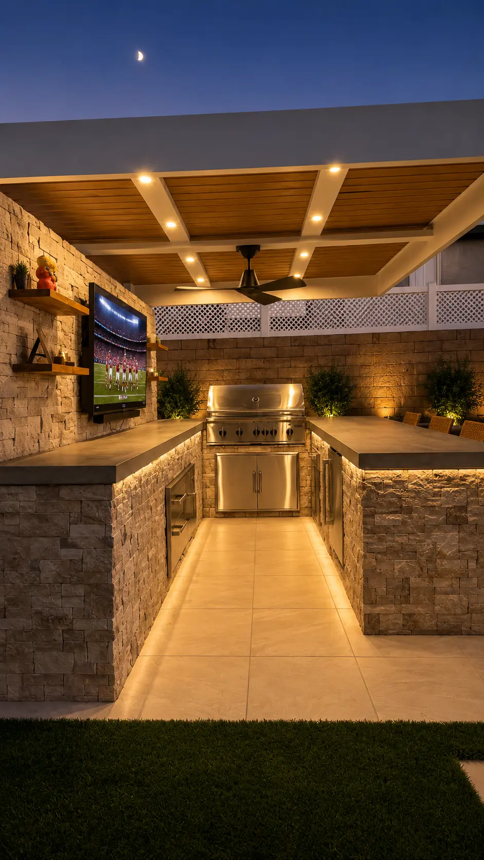 Stone Outdoor Kitchen with Wood-Slat Pergola Ceiling & Bar Seating by Moda Outdoor Living in Huntington Beach, CA — luxury outdoor living design and build
