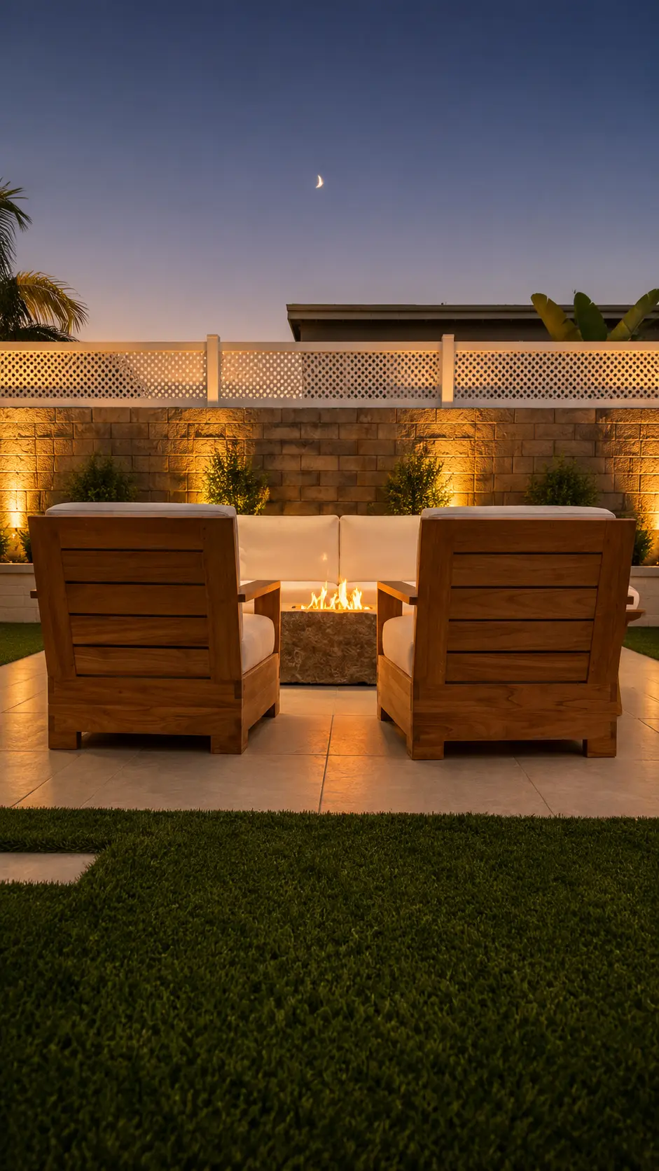 Fire Pit Lounge with Teak Seating & Uplit Stone Wall by Moda Outdoor Living in Huntington Beach, CA — luxury outdoor living design and build