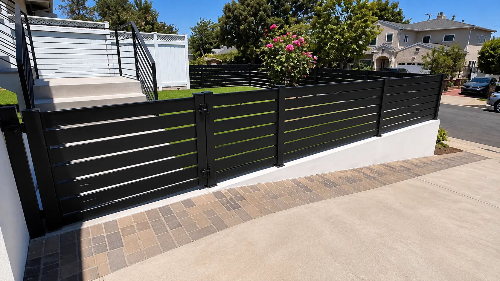 Modern horizontal slat fence and gate in Woodland Hills