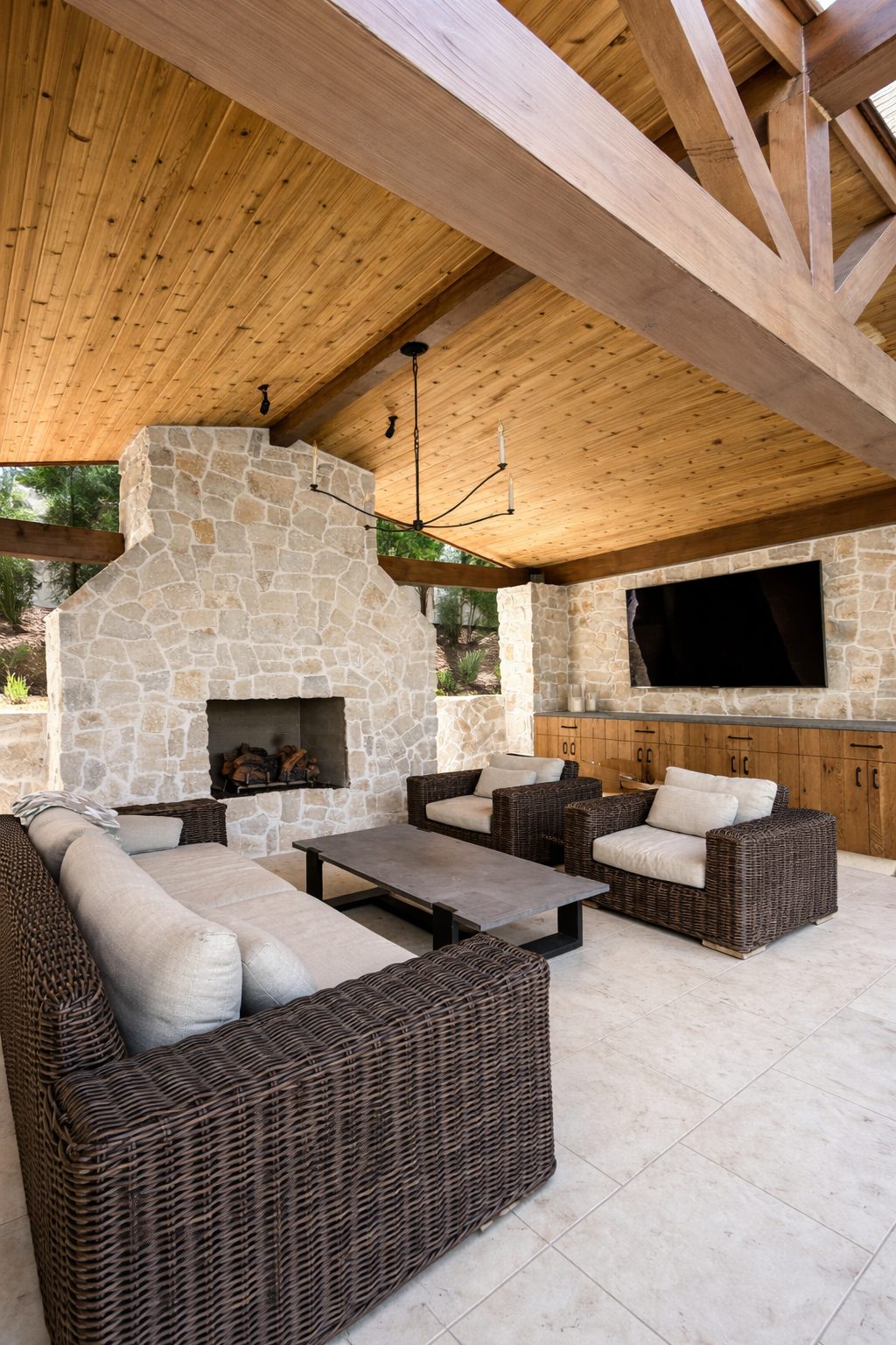 3D render of a backyard pergola design showing shade coverage over a pool area