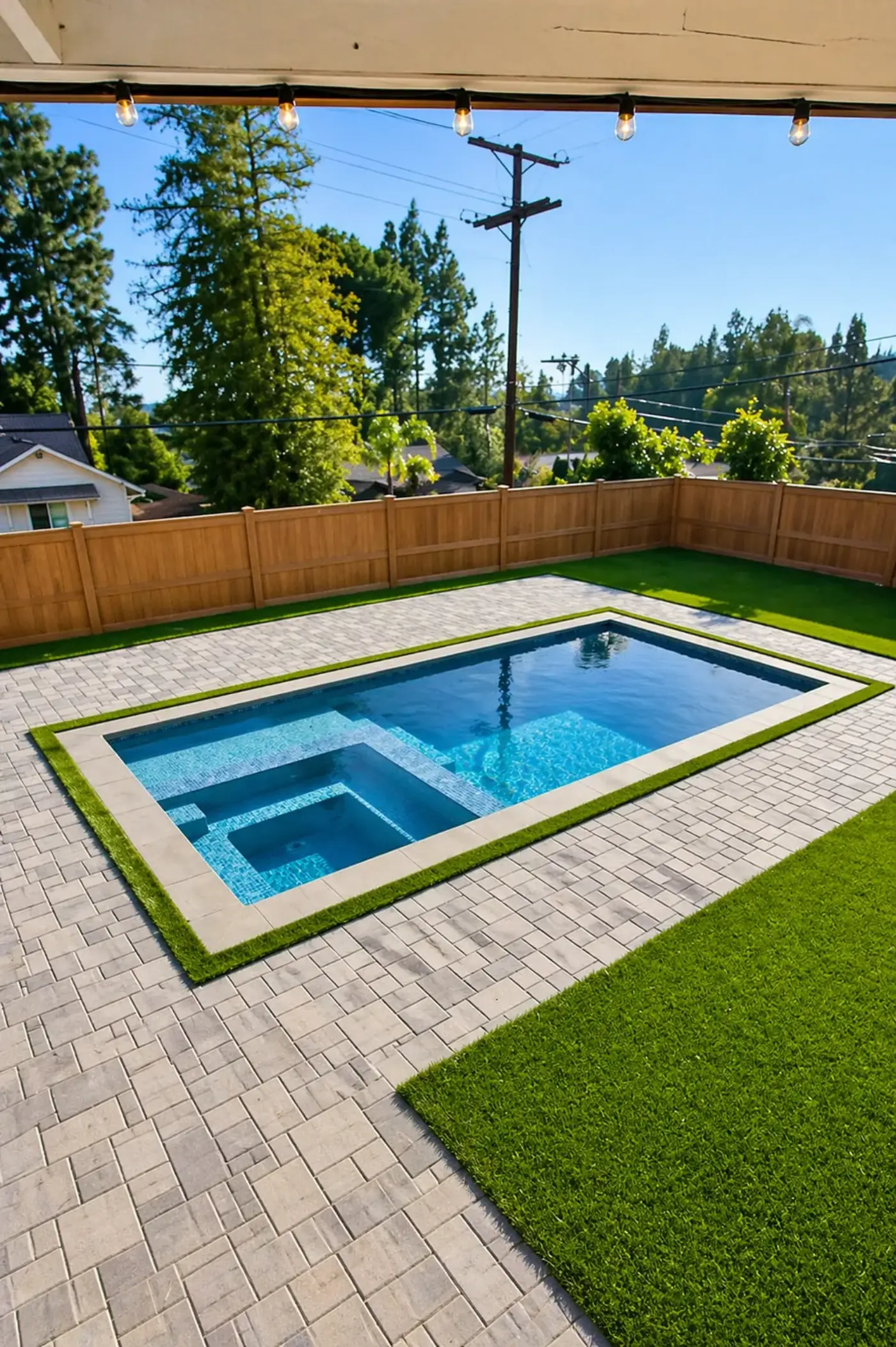 Compact Pool & Spa with Paver Deck and Turf Border — luxury outdoor living design and build by Moda Outdoor Living