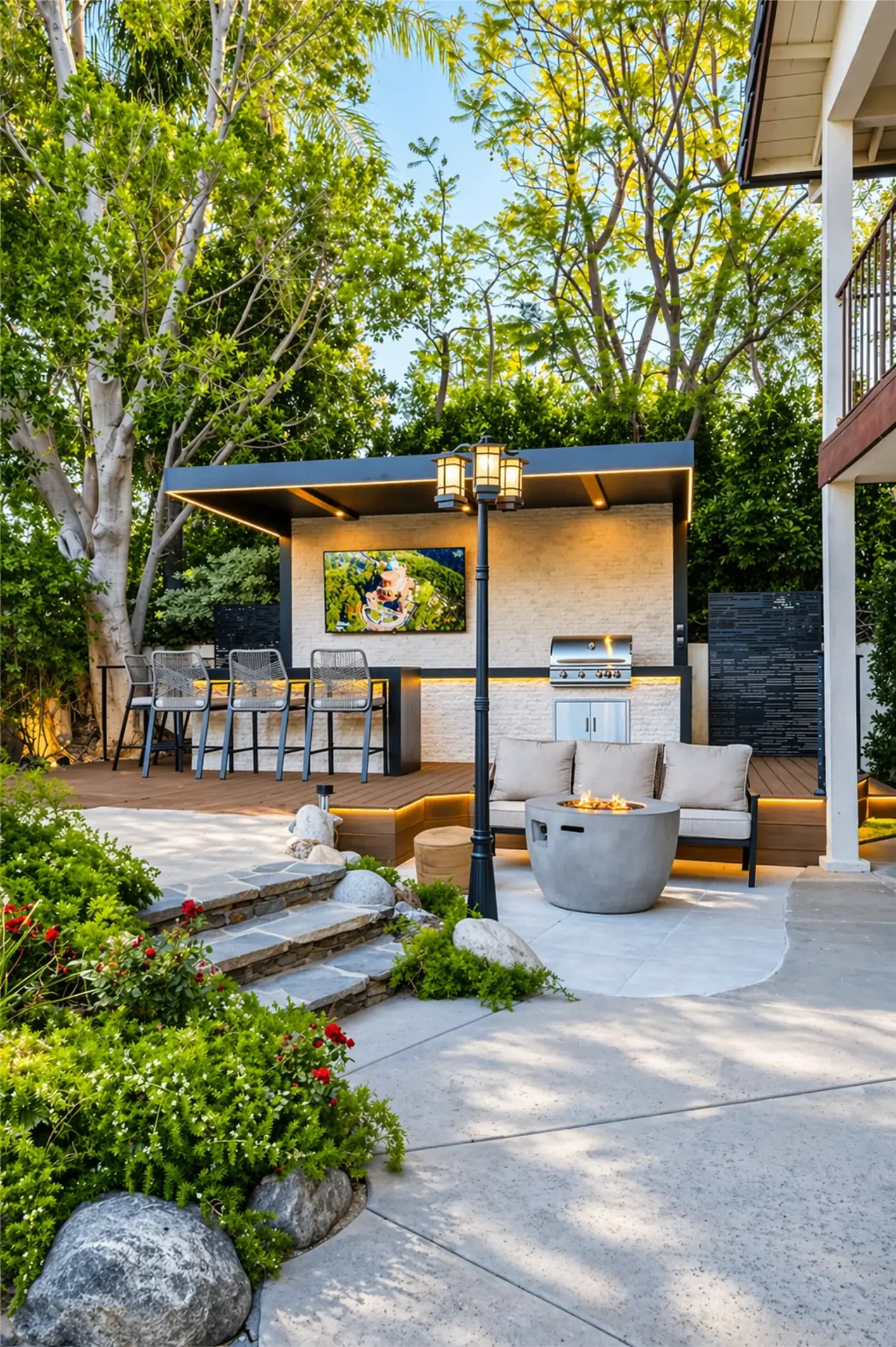 Cabana Kitchen Lounge with Fire Pit & Garden Steps — luxury outdoor living design and build by Moda Outdoor Living