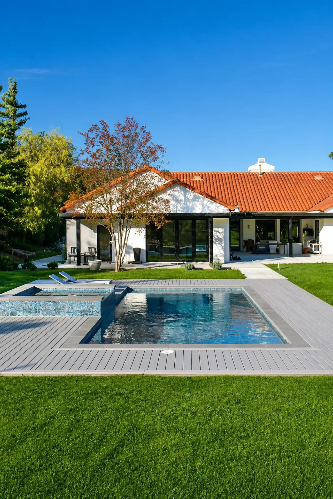 Modern Pool & Spa with Composite Deck & Lawn — luxury outdoor living design and build by Moda Outdoor Living