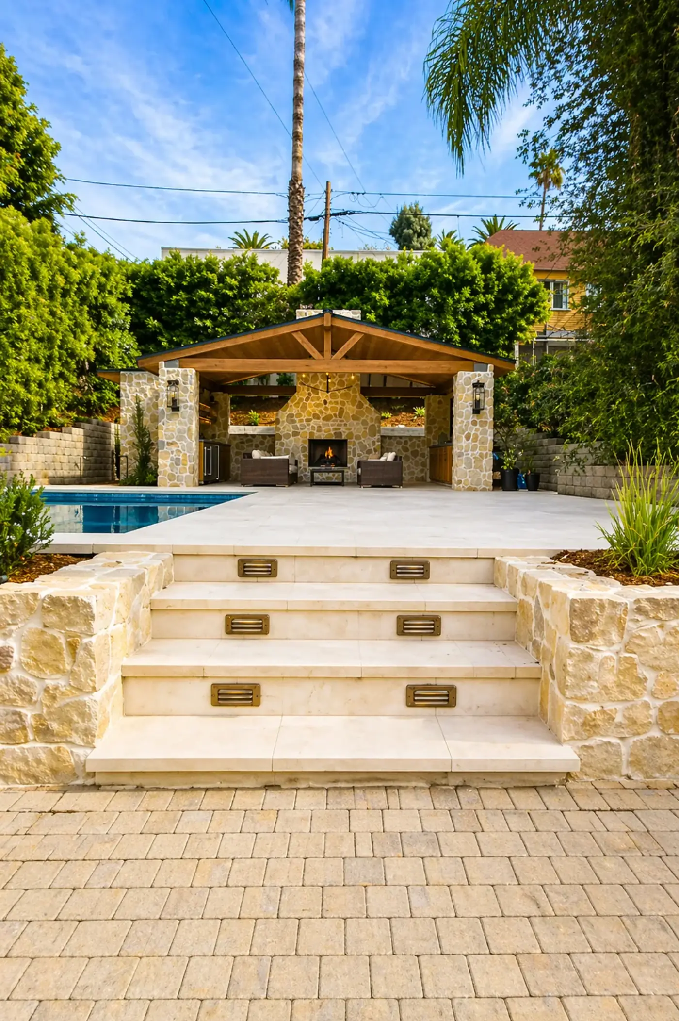 Stone Pavilion with Fireplace, Pool & Lit Stair Entry — luxury outdoor living design and build by Moda Outdoor Living