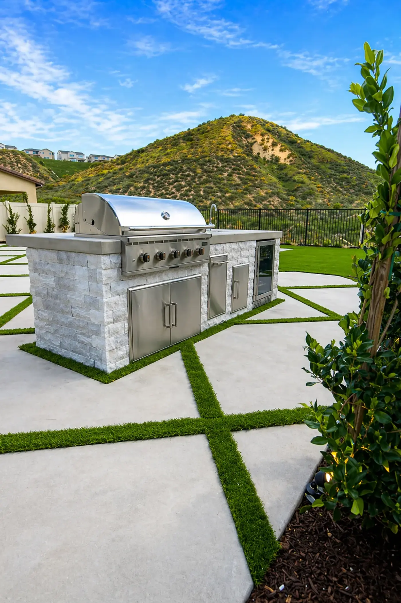 Stainless BBQ Island & Paver Patio with Hillside View — luxury outdoor living design and build by Moda Outdoor Living