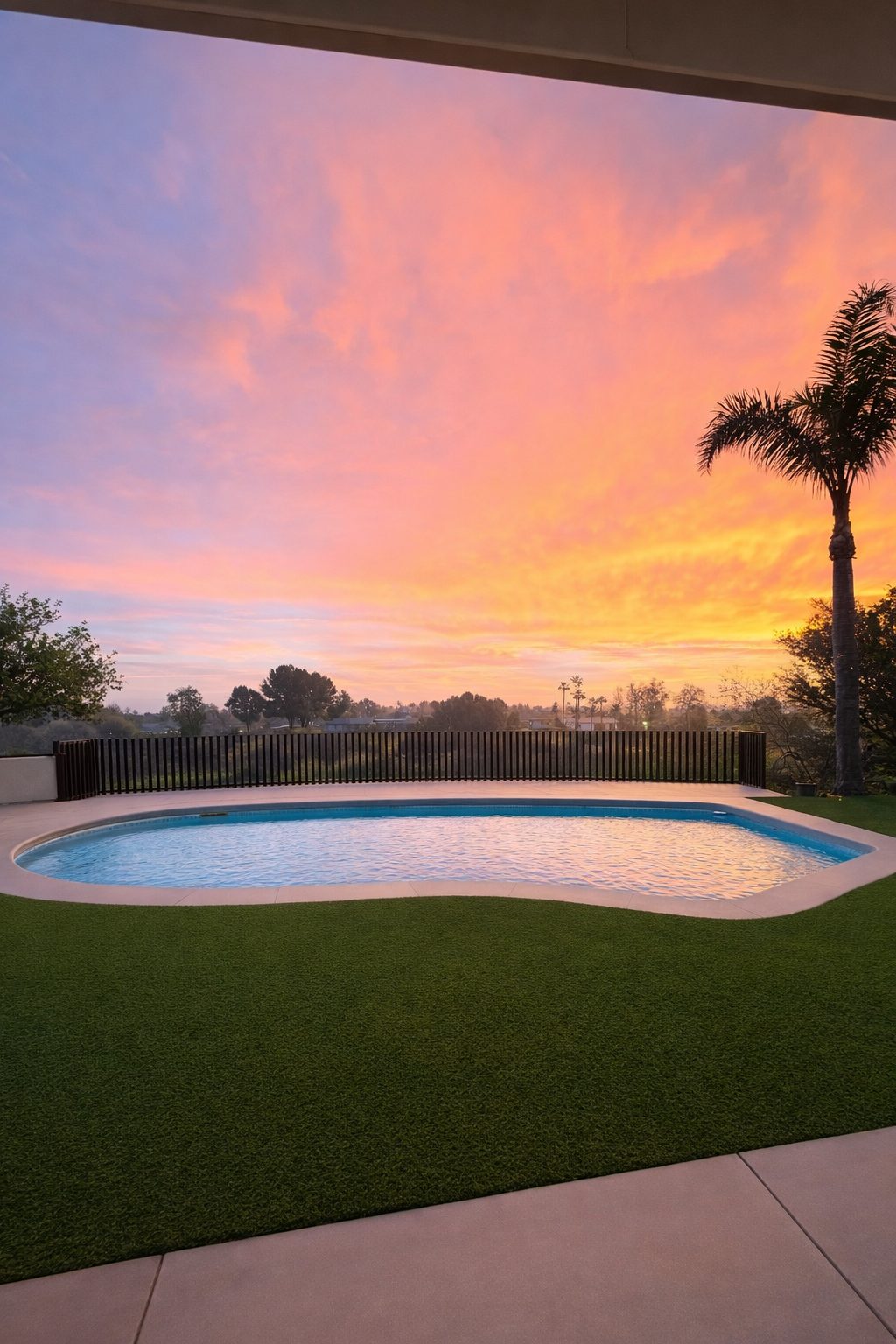 Freeform pool with sunset and turf