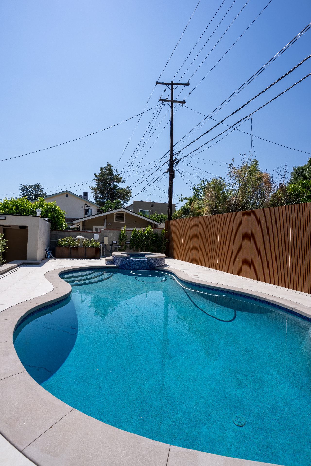 Pool with geometric turf border and landscaping
