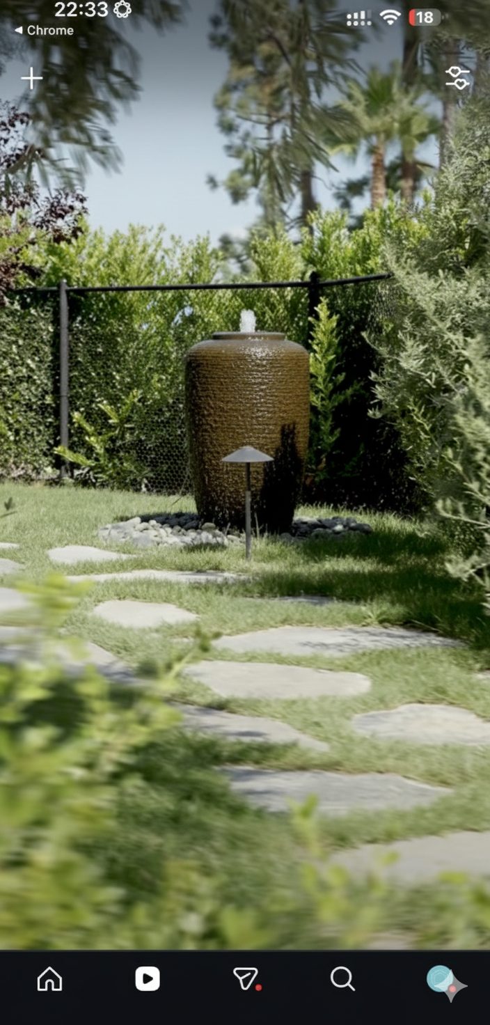 Landscape with fountain and retaining wall features