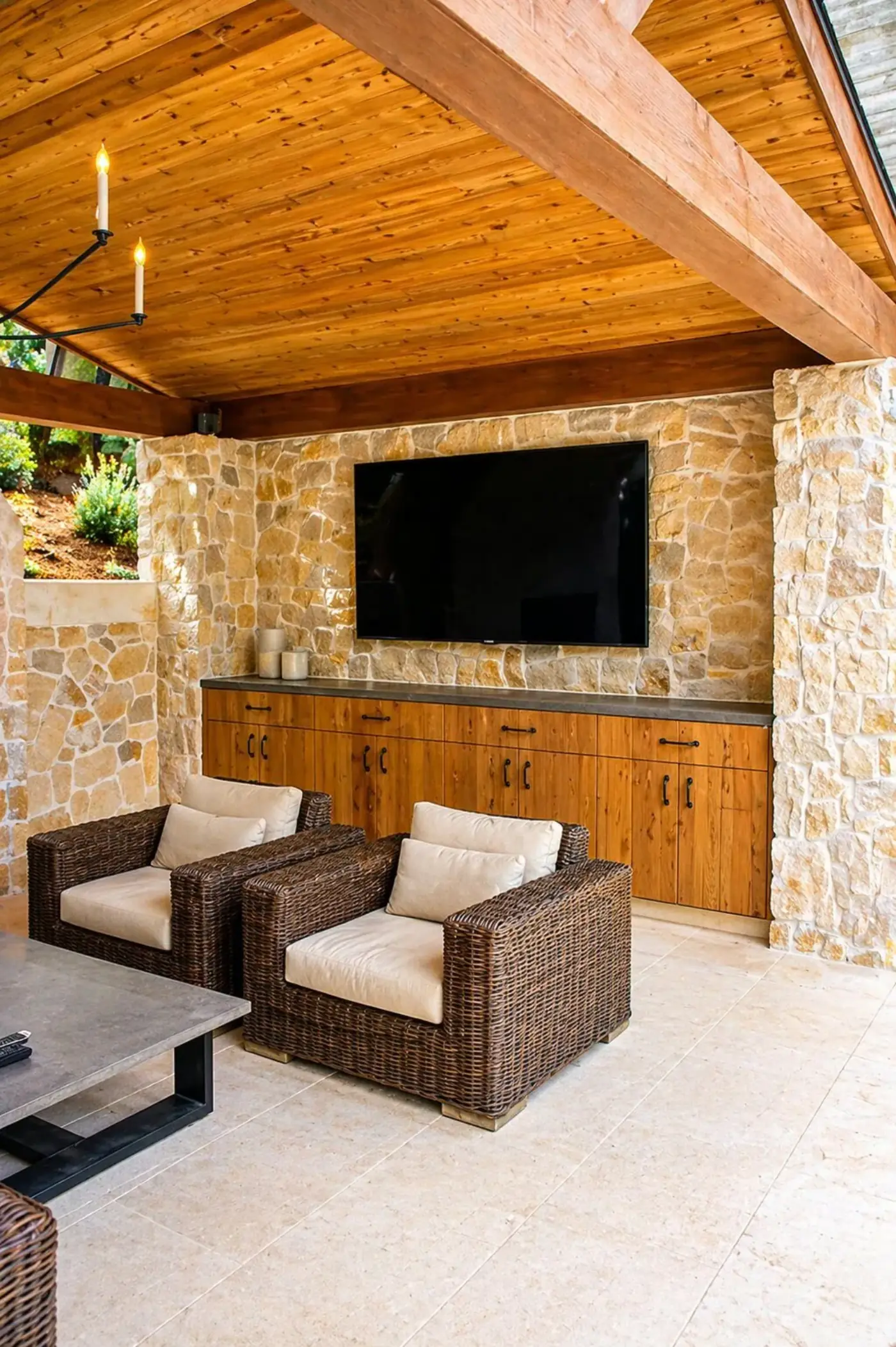 Covered Patio with Outdoor TV by Moda Outdoor Living in Silver Lake, CA — luxury outdoor living design and build
