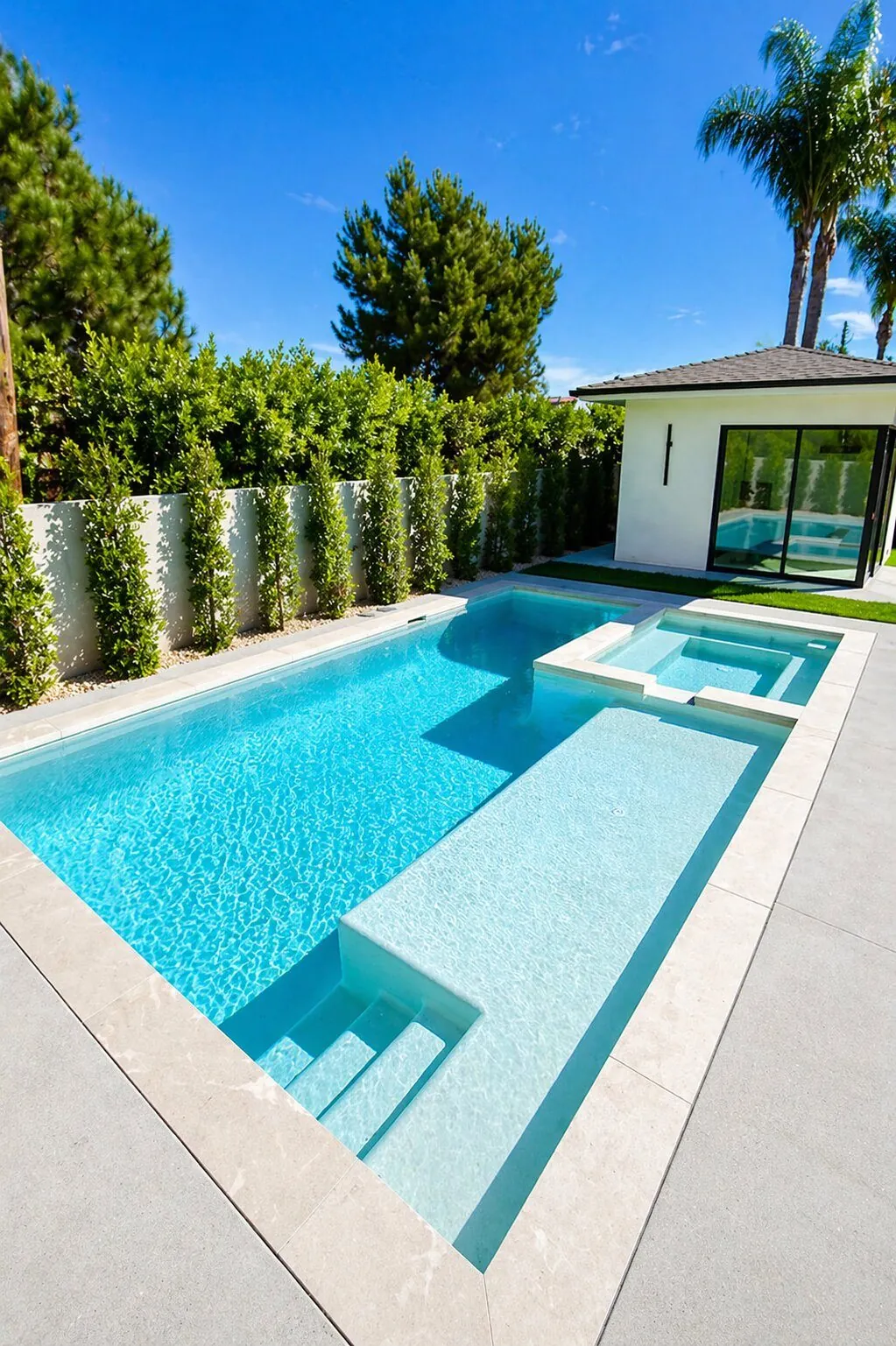 Modern Pool & Spa with Sun Shelf by Moda Outdoor Living in Costa Mesa, CA — luxury outdoor living design and build