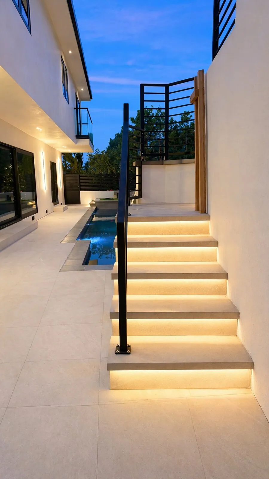 Modern Pool & Illuminated Stairs by Moda Outdoor Living in Baldwin Hills, CA — luxury outdoor living design and build