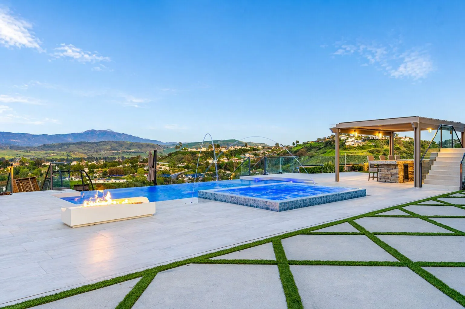 Infinity Pool, Spa, Pergola & Fire Feature by Moda Outdoor Living in Orange County, CA — luxury outdoor living design and build