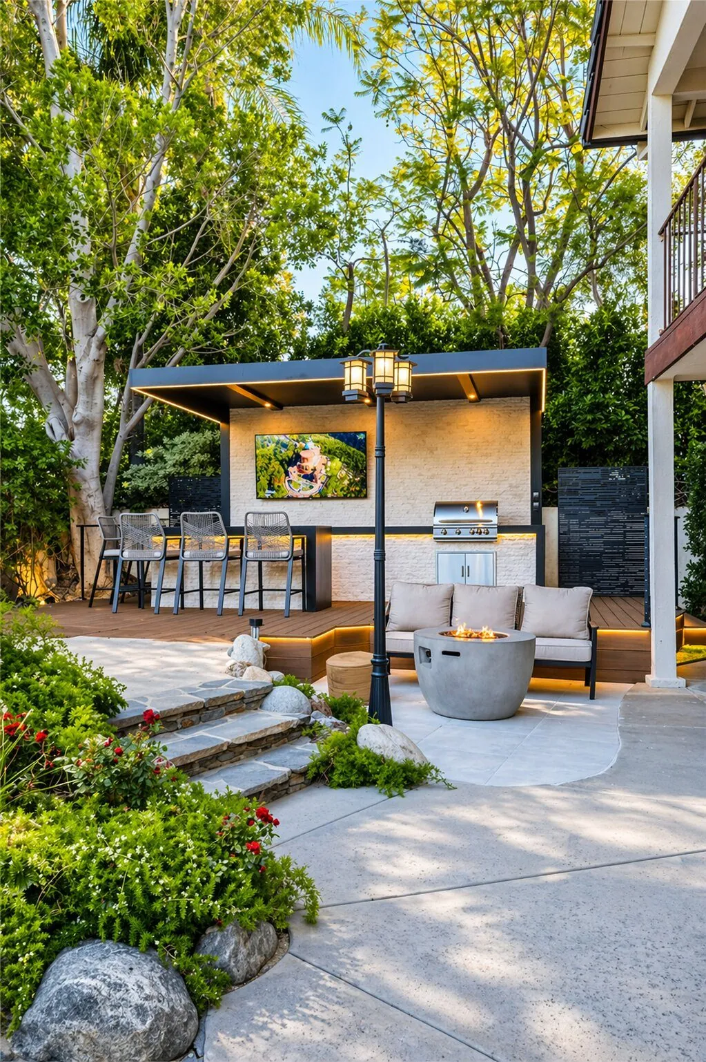 Outdoor Kitchen, Deck & Fire Feature by Moda Outdoor Living in Porter Ranch, CA — luxury outdoor living design and build