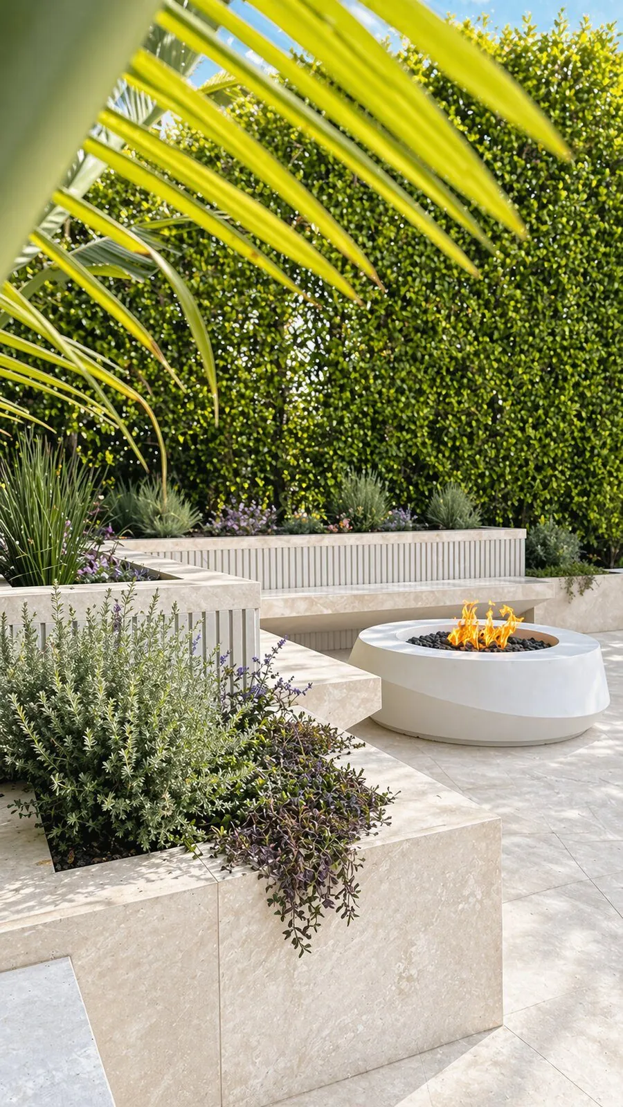 Travertine Patio with Fire Pit & Planters by Moda Outdoor Living in Beverly Hills, CA — luxury outdoor living design and build