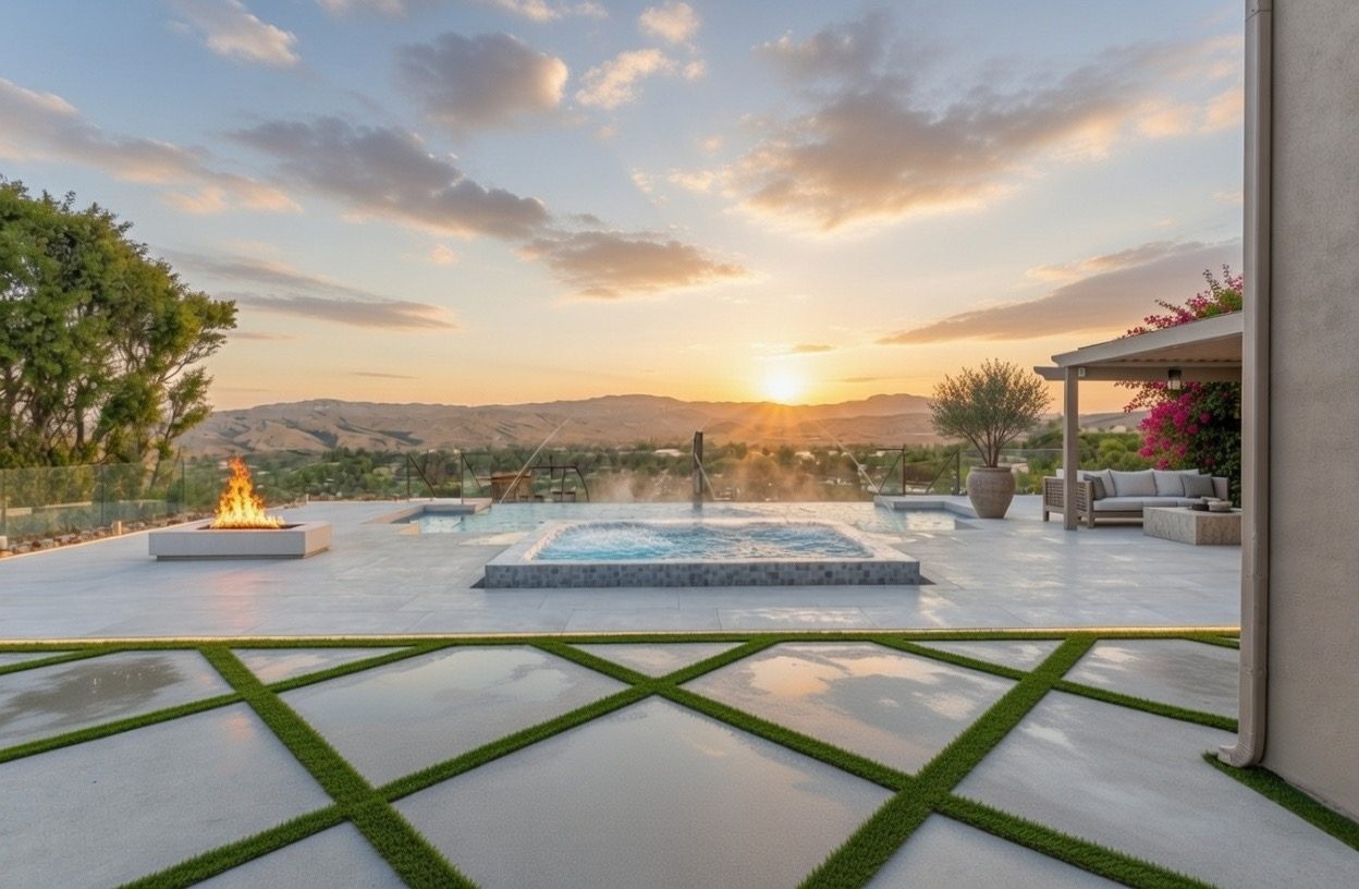 Modern backyard with pool, pergola, and entertainment space
