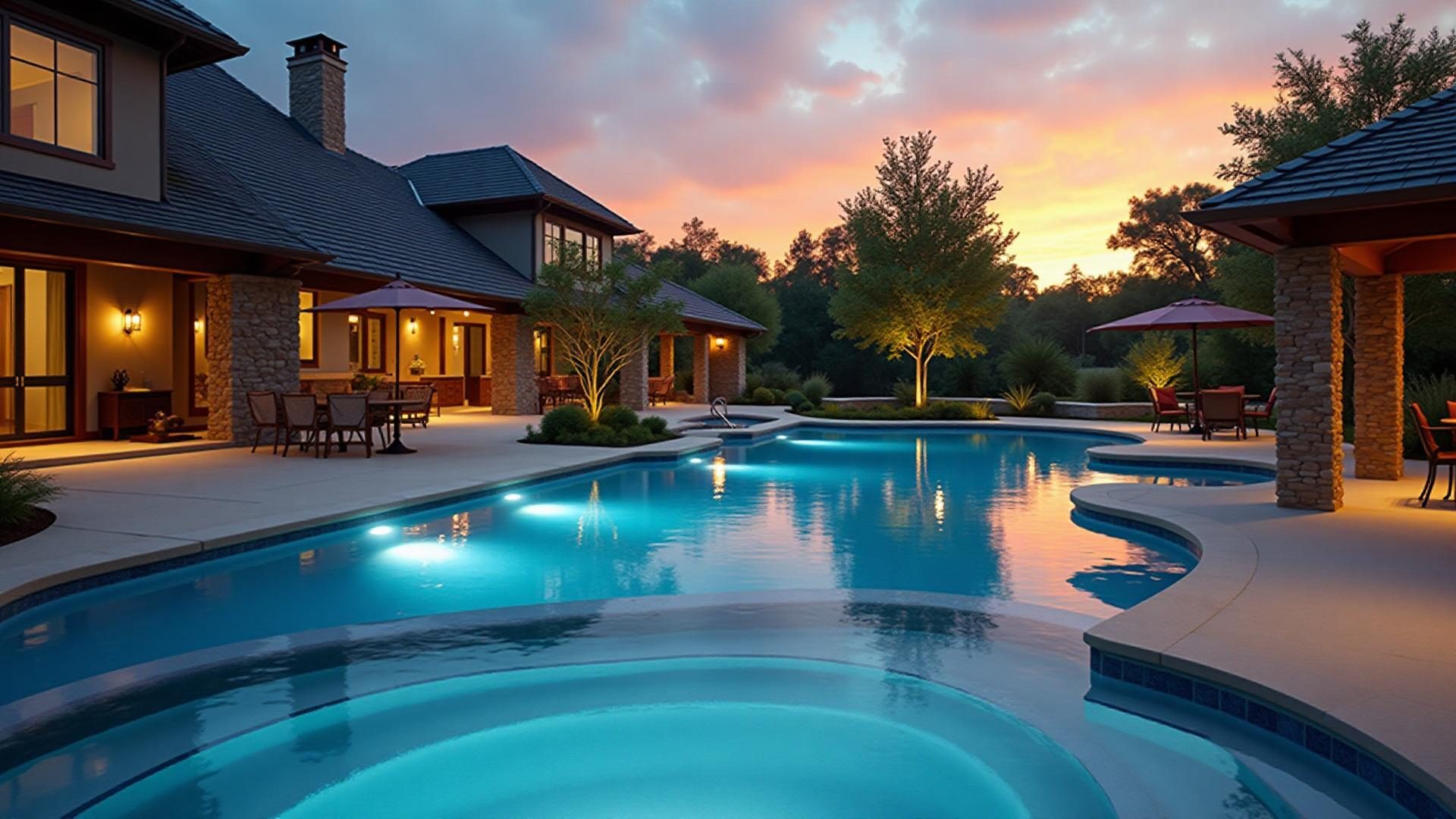 Landscaped pool area with mature native trees providing natural shade
