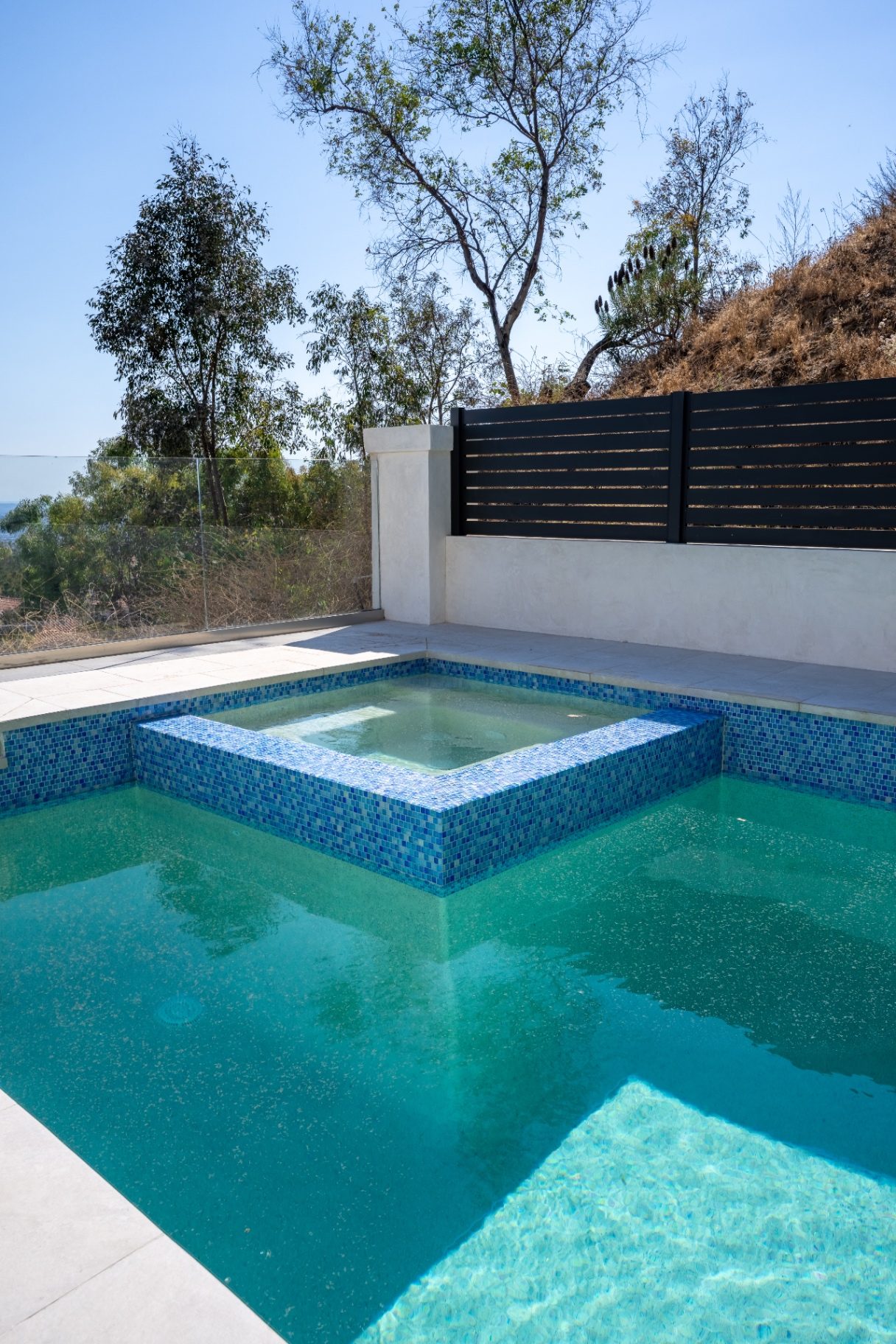 Pool remodel with mosaic tile and spa