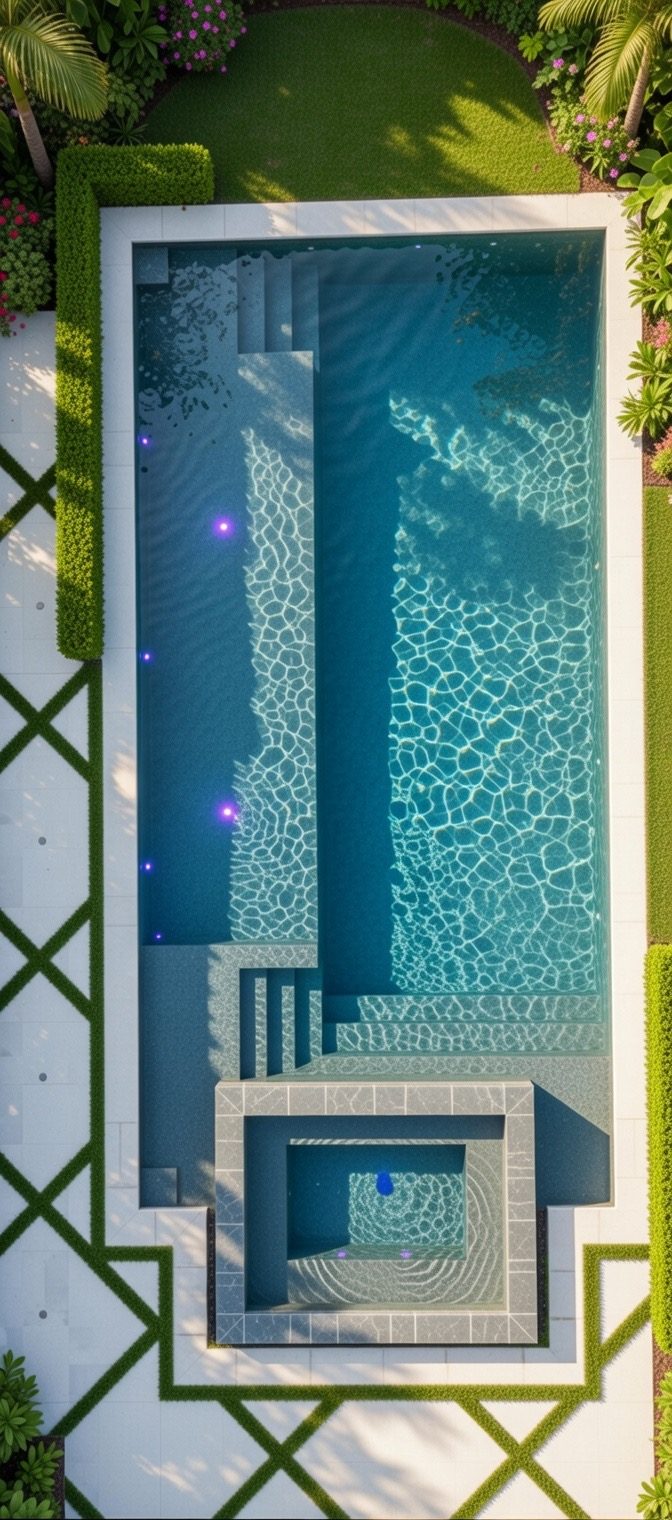Fire and water feature combination with fire bowls along a pool edge