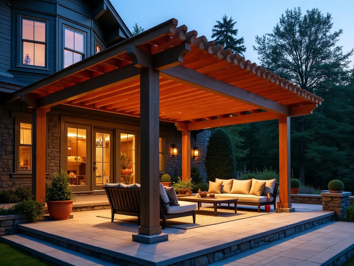 Modern covered patio with aluminum pergola and outdoor furniture in Los Angeles
