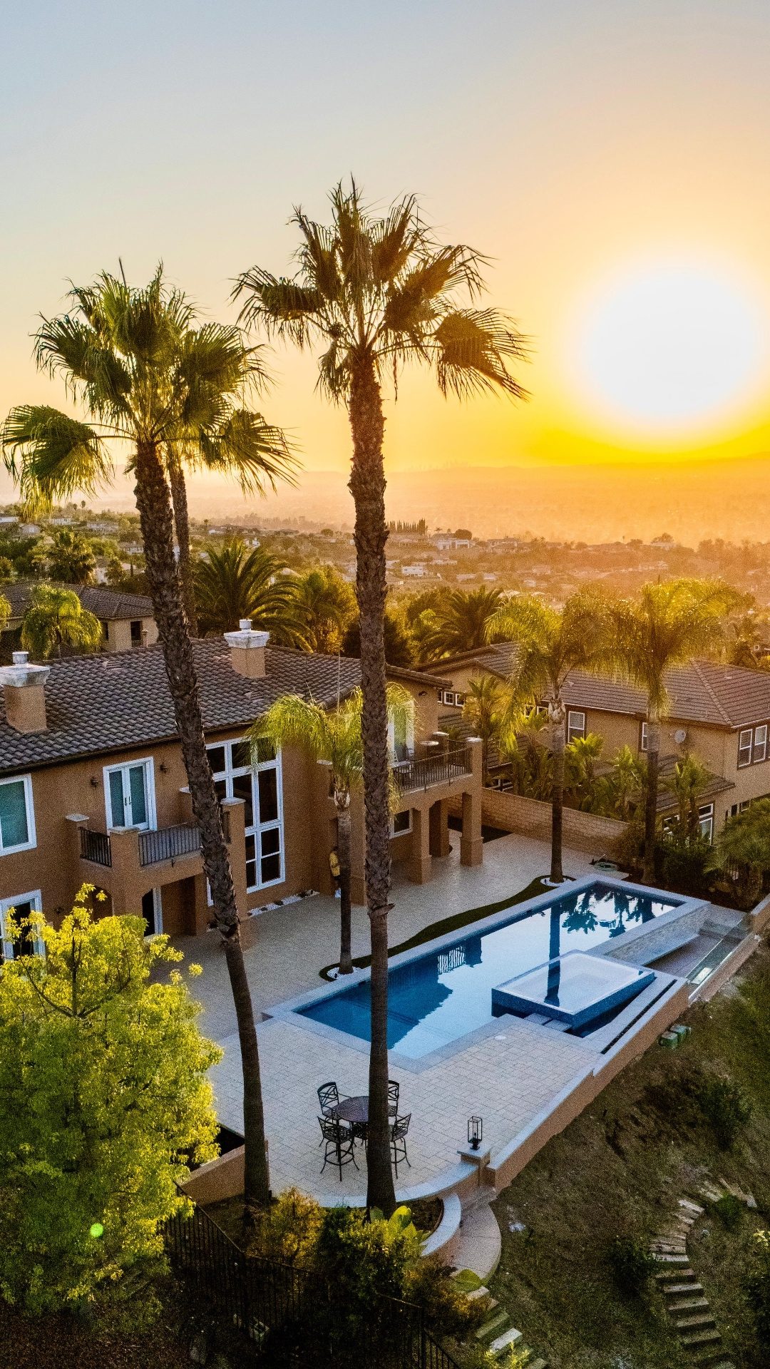 Beautiful pool with premium equipment at sunset