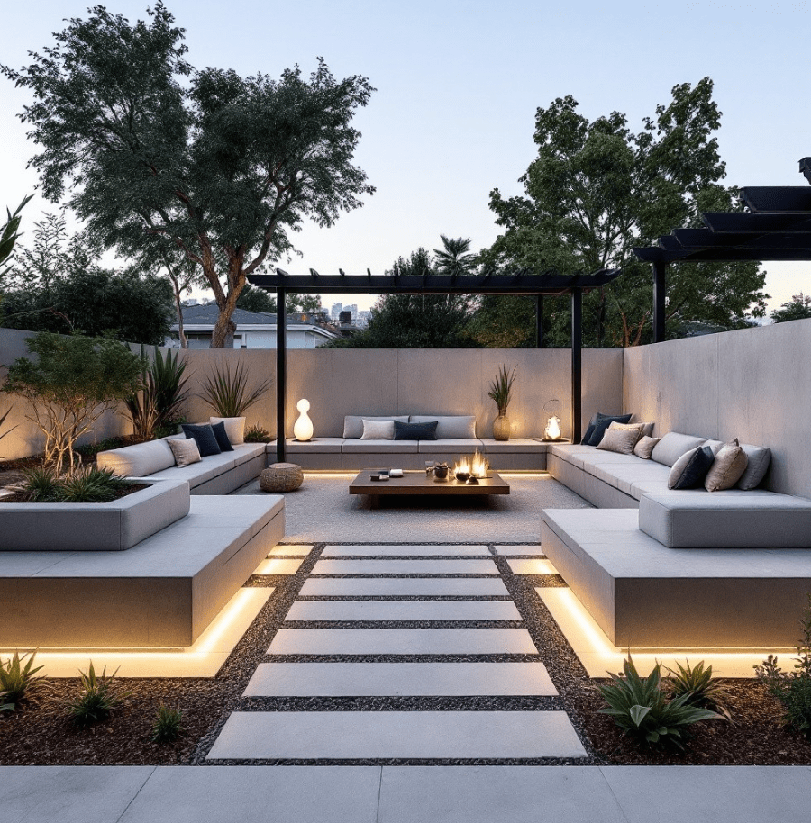 Custom built-in bench with hidden storage in a small backyard patio, maximizing space and functionality