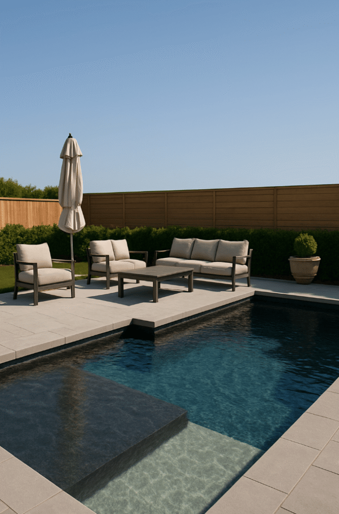 Close-up of light-colored pool finish with clear water, highlighting texture and surface comfort for daily use.