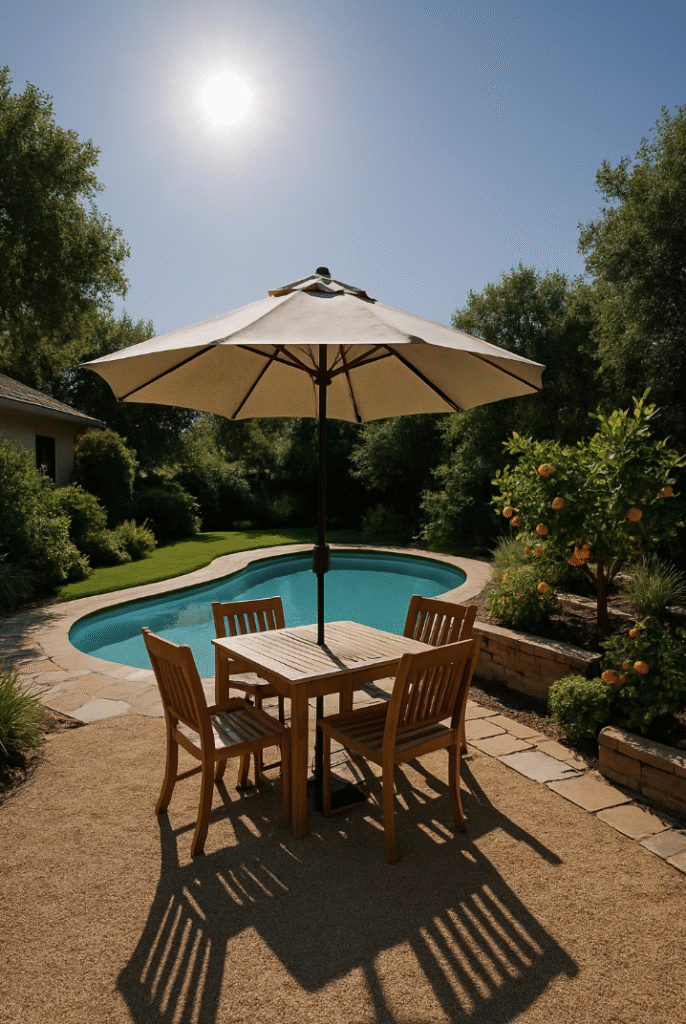 Backyard pool with partial shade and sunlit lounging area, showing balanced pool placement based on sun exposure.
